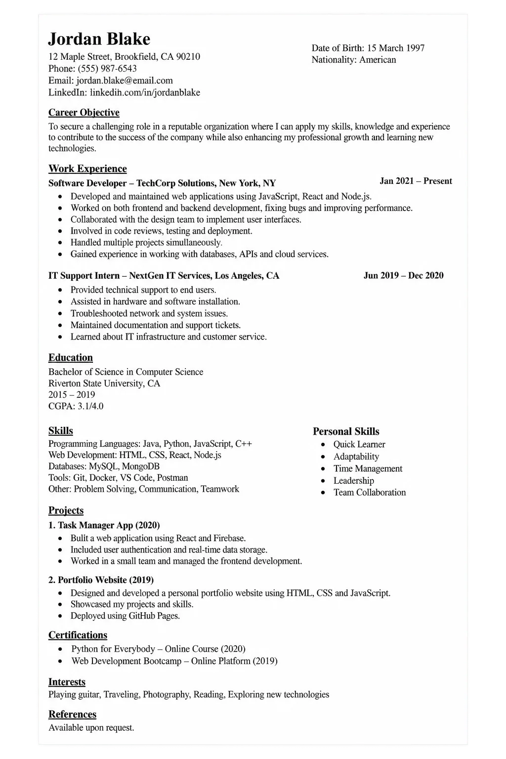 Unformatted candidate CV