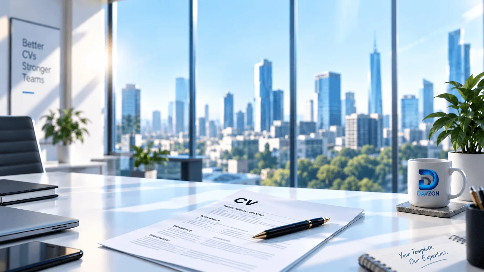 A formatted CV, pen, and DAVZON mug on an office desk overlooking a city skyline